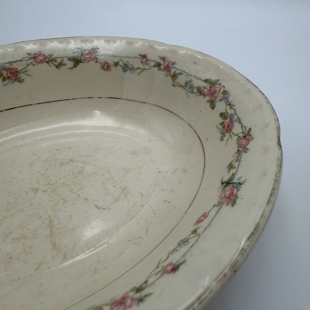 Vintage China Oval Candy Dish Gold‎ Roses Chunky Stained Floral Serving Dish